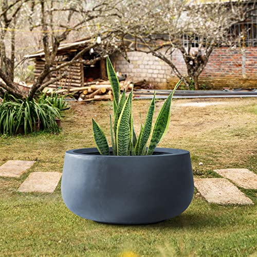 Kante 15.7" Dia Round Concrete Planter, Outdoor Indoor Garden Plant Pots with Drainage Hole and Rubber Plug, Modern Curvaceous Design, Charcoal