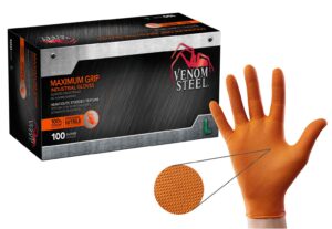 venom steel maximum grip nitrile gloves, 8 mil thick, raised diamond texture for grip, puncture and rip resistant, hi-visibility orange, large (100 count)