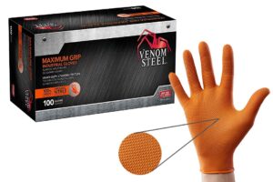 venom steel maximum grip nitrile gloves, 8 mil thick, raised diamond texture for grip, puncture and rip resistant, hi-visibility orange, one size fits most (100 count)