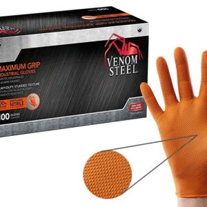 Venom Steel Maximum Grip Nitrile Gloves, 8 Mil Thick, Raised Diamond Texture For Grip, Puncture and Rip Resistant, Hi-Visibility Orange, One Size Fits Most (100 Count)