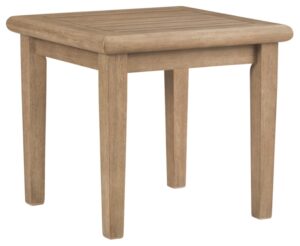 signature design by ashley gerianne outdoor eucalyptus wood square end table, beige