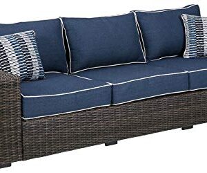 Signature Design by Ashley Grasson Lane Outdoor Patio Wicker Sofa with Cushion and 2 Pillows, Brown & Blue