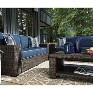 Signature Design by Ashley Grasson Lane Outdoor Patio Wicker Sofa with Cushion and 2 Pillows, Brown & Blue