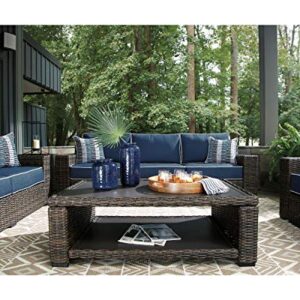 Signature Design by Ashley Grasson Lane Outdoor Patio Wicker Sofa with Cushion and 2 Pillows, Brown & Blue