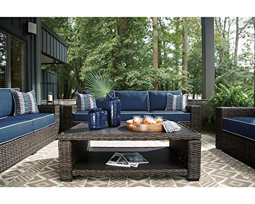 Signature Design by Ashley Grasson Lane Outdoor Patio Wicker Sofa with Cushion and 2 Pillows, Brown & Blue