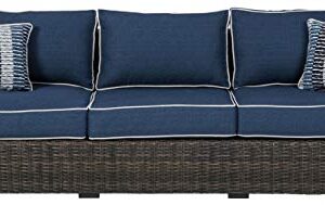 Signature Design by Ashley Grasson Lane Outdoor Patio Wicker Sofa with Cushion and 2 Pillows, Brown & Blue