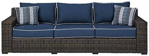 Signature Design by Ashley Grasson Lane Outdoor Patio Wicker Sofa with Cushion and 2 Pillows, Brown & Blue