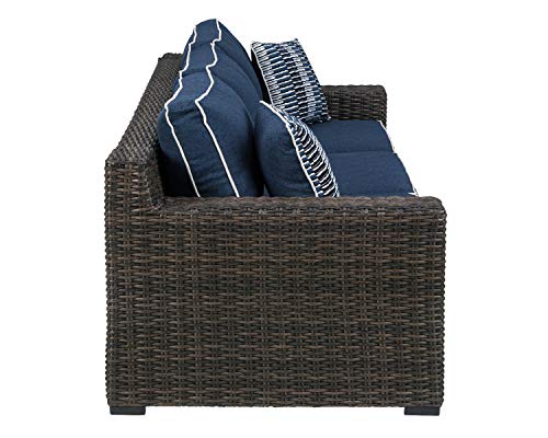 Signature Design by Ashley Grasson Lane Outdoor Patio Wicker Sofa with Cushion and 2 Pillows, Brown & Blue