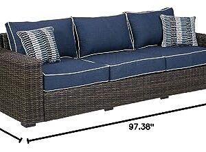 Signature Design by Ashley Grasson Lane Outdoor Patio Wicker Sofa with Cushion and 2 Pillows, Brown & Blue