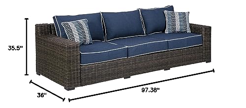 Signature Design by Ashley Grasson Lane Outdoor Patio Wicker Sofa with Cushion and 2 Pillows, Brown & Blue