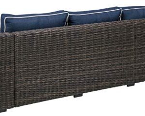 Signature Design by Ashley Grasson Lane Outdoor Patio Wicker Sofa with Cushion and 2 Pillows, Brown & Blue