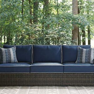 Signature Design by Ashley Grasson Lane Outdoor Patio Wicker Sofa with Cushion and 2 Pillows, Brown & Blue