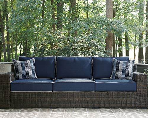 Signature Design by Ashley Grasson Lane Outdoor Patio Wicker Sofa with Cushion and 2 Pillows, Brown & Blue