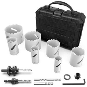 ryker hole saw kit with arbors and replacement drill bits, heavy duty steel construction for boring wood, aluminum, metal, or pvc, plumbing and diy carpentry (bi metal - metal hole saw kit)