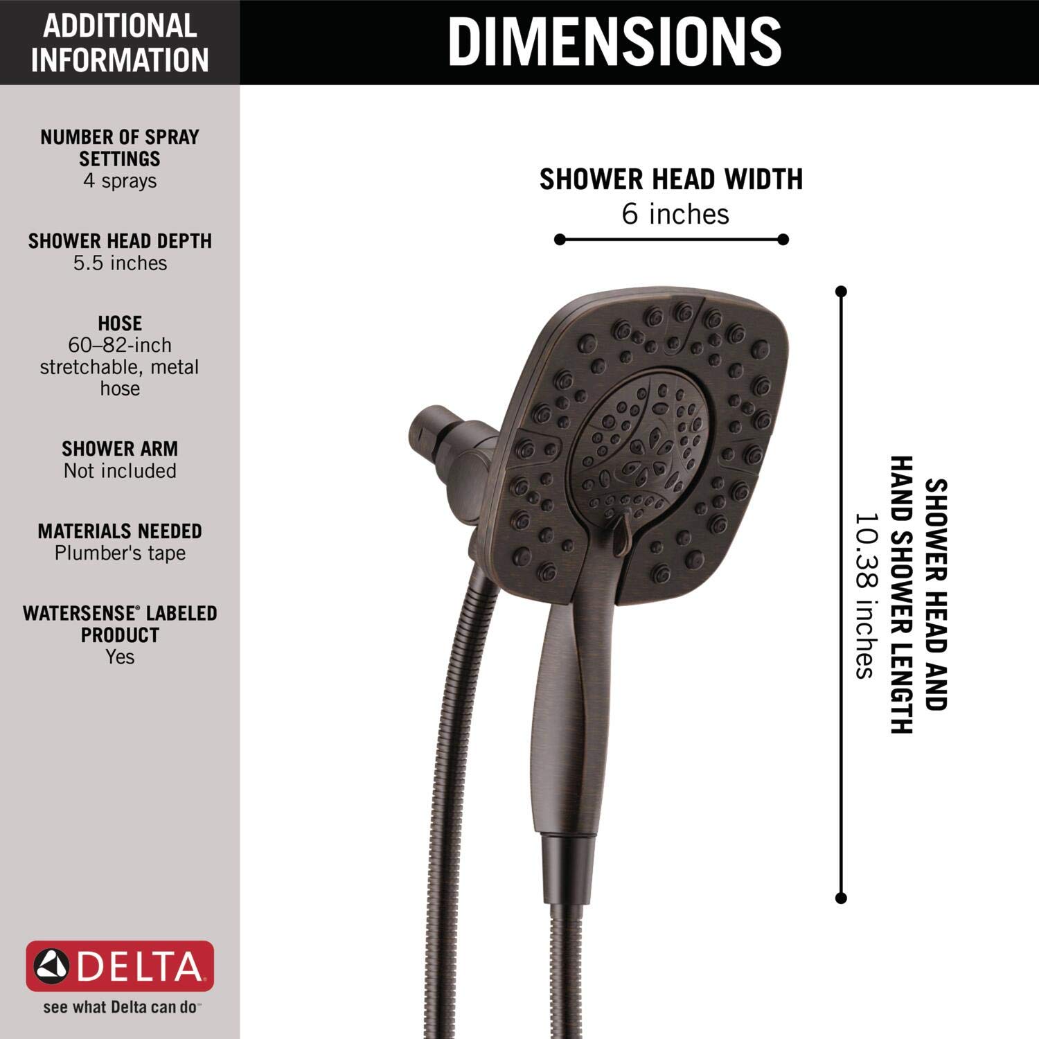 Delta Faucet-4-Spray In2ition Dual Shower Head with Handheld Spray, Oil Rubbed Bronze Shower Head with Hose, Showerheads & Handheld Showers, Handheld Shower Heads, Venetian Bronze 58498-RB