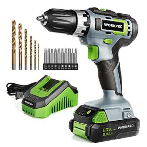 workpro 20v cordless drill/driver kit, 3/8”, 18+2 torque setting, variable speed, 2.0 ah li-ion battery and 1 hour fast charger