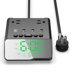 electronic alarm clock with usb charger power strip, 6ft power cord alarm clock charging station with 4 usb ports and 2 outlets for bedside, home, hotel (adjustable brightness, on/off switch)