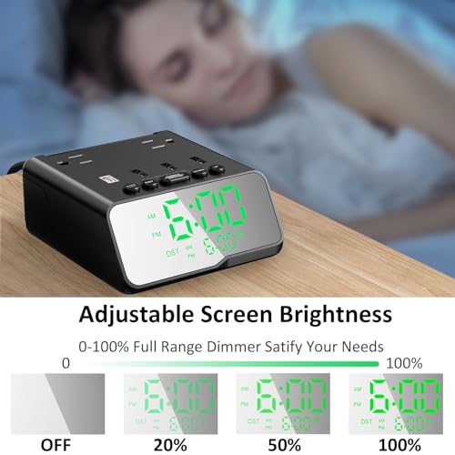 Electronic Alarm Clock with USB Charger Power Strip, 6FT Power Cord Alarm Clock Charging Station with 4 USB Ports and 2 Outlets for Bedside, Home, Hotel (Adjustable Brightness, ON/Off Switch)