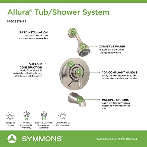 Symmons S7602STNRP Allura tub/shower system with secondary integral volume control, Satin Nickel