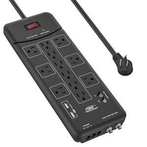 crst 12-outlet surge protector power strip 4050joules, with usb(3.1a) ethernet, cable,telephone and tv coaxial protection, flat plug 9-ft long cord (black)
