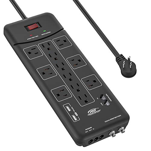 CRST 12-Outlet Surge Protector Power Strip 4050Joules, with USB(3.1A) Ethernet, Cable,Telephone and TV Coaxial Protection, Flat Plug 9-FT Long Cord (Black)