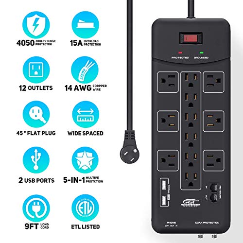 CRST 12-Outlet Surge Protector Power Strip 4050Joules, with USB(3.1A) Ethernet, Cable,Telephone and TV Coaxial Protection, Flat Plug 9-FT Long Cord (Black)