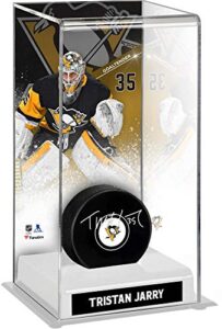 tristan jarry pittsburgh penguins autographed hockey puck with deluxe tall hockey puck case - autographed nhl pucks