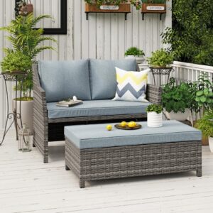 oc orange-casual 2-piece outdoor patio furniture wicker love-seat and coffee table set, with built-in storage bin, grey rattan, grey cushions
