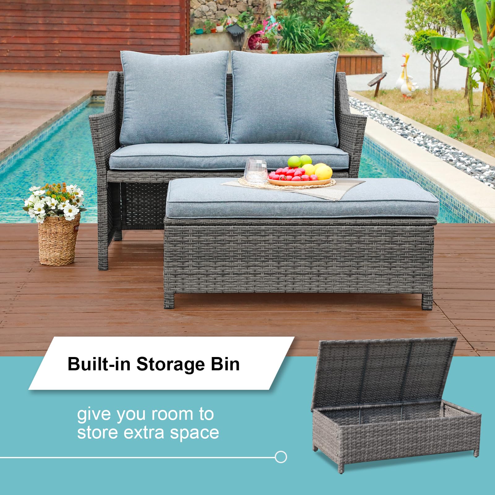 OC Orange-Casual 2-Piece Outdoor Patio Furniture Wicker Love-seat and Coffee Table Set, with Built-in Storage Bin, Grey Rattan, Grey Cushions