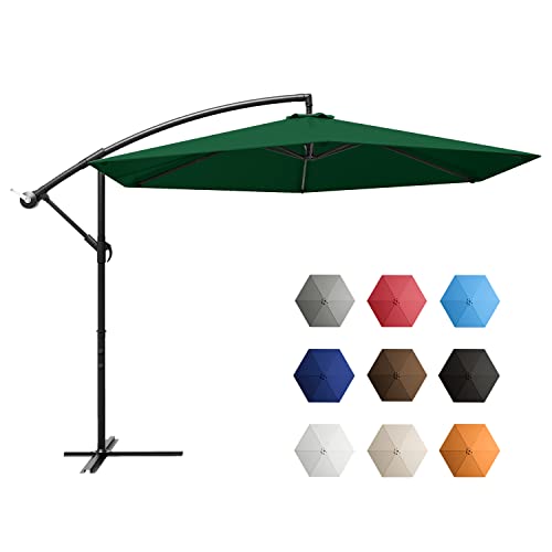 Greesum Offset Umbrella 10FT Cantilever Patio Hanging Umbrella Outdoor Market Umbrella with Crank and Cross Base (Dark Green)