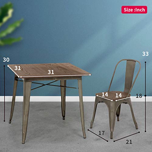 FDW 5-Piece Patio Table Set Outdoor Table and Chairs Set Metal Table Set Home Kitchen Dining Table Set Wood Top Table 31x31 Inches Bar Coffee Table Set Restaurant Indoor Outdoor Square Table 4 Chairs