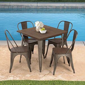 FDW 5-Piece Patio Table Set Outdoor Table and Chairs Set Metal Table Set Home Kitchen Dining Table Set Wood Top Table 31x31 Inches Bar Coffee Table Set Restaurant Indoor Outdoor Square Table 4 Chairs