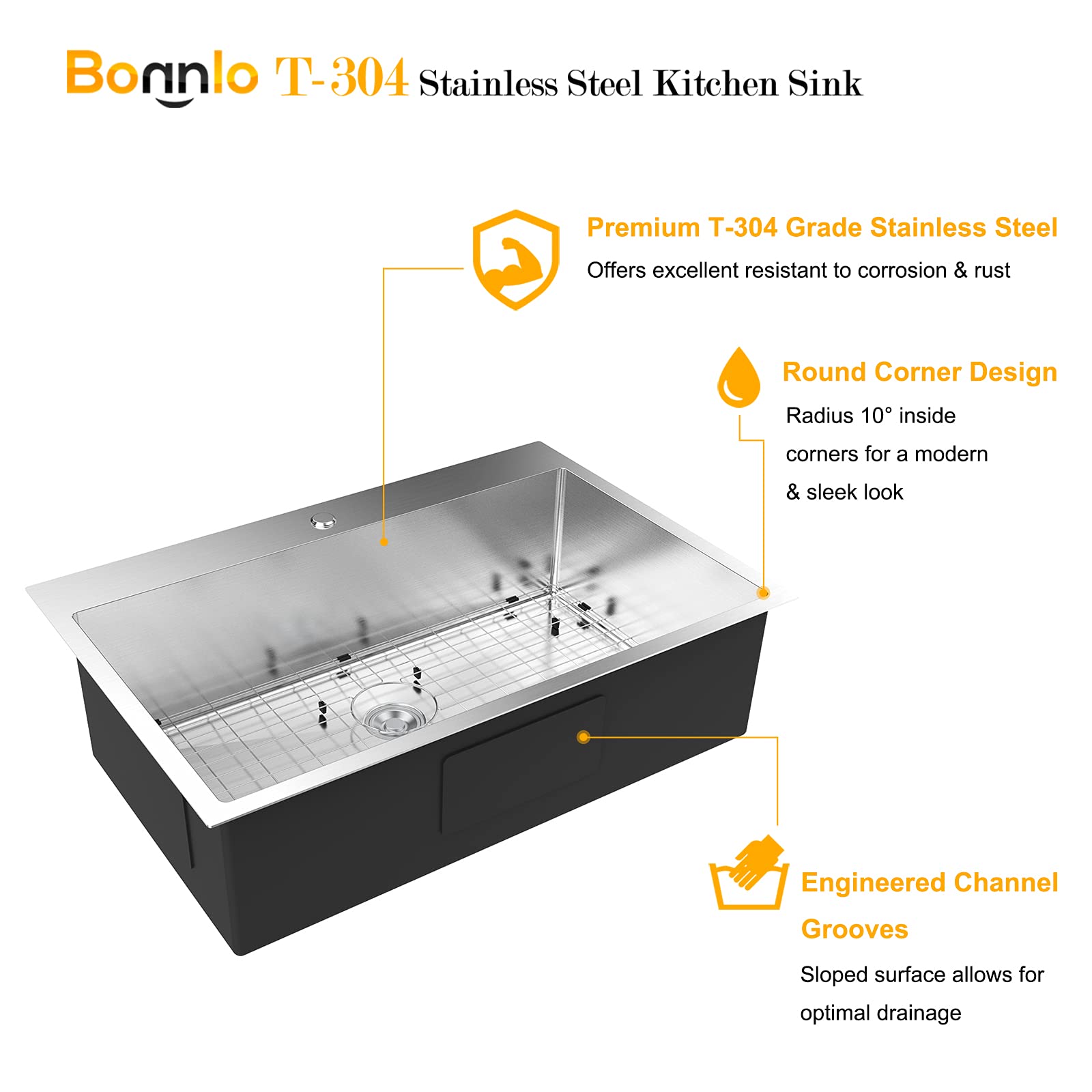 Bonnlo 32 Inch Kitchen Sink Drop-in with Sink Protector 18 Gauge, Workstation Sink, Stainless Steel Single Bowl Top mount Farmhouse Kitchen Sinks for RV, Travel Trailer, Garage, 32x22x9