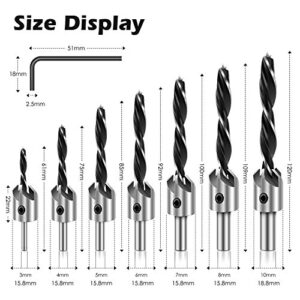 Werkzeug Countersink Drill Bits Set- 7Pcs Counter Sink Bit for Wood High Speed Steel, Woodworking Carpentry Reamer With 1 Free Hex Key Wrench