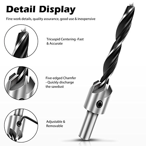 Werkzeug Countersink Drill Bits Set- 7Pcs Counter Sink Bit for Wood High Speed Steel, Woodworking Carpentry Reamer With 1 Free Hex Key Wrench