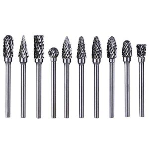 asnomy double cut carbide rotary burr set - 10 pcs 1/8" shank, 1/4" head length tungsten steel for die grinder drill, metal carving,polishing,engraving,drilling