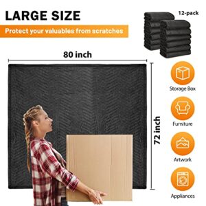 12 Moving Packing Blankets - 80 x 72 Inches (65 lb/Dozen) Heavy Duty Moving Pads for Protecting Furniture Professional Quilted Shipping Furniture Pads Black