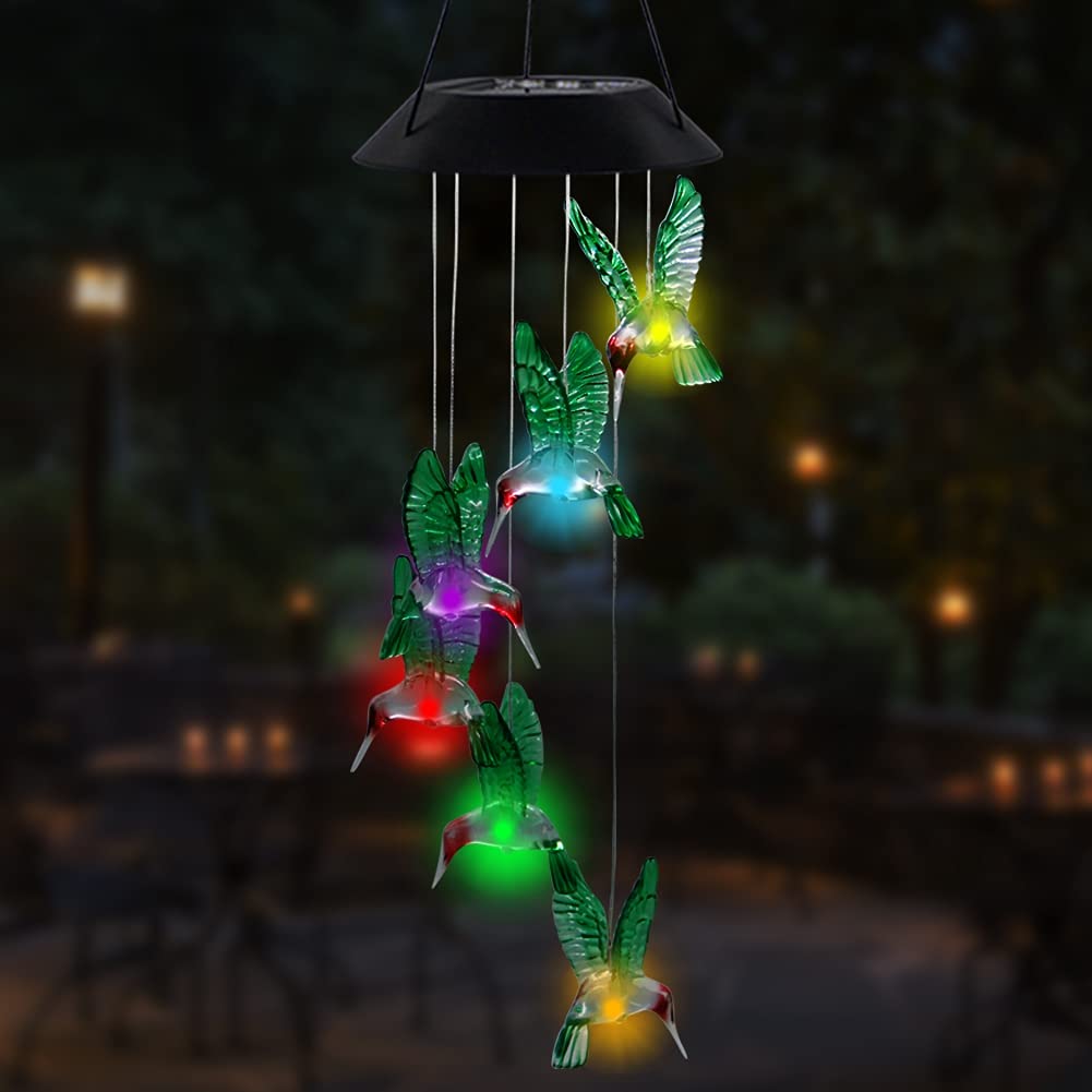 MorTime LED Solar Hummingbird Wind Chime, 25" Mobile Hanging Wind Chime for Home Garden Decoration, Automatic Light Changing Color(Hummingbird)