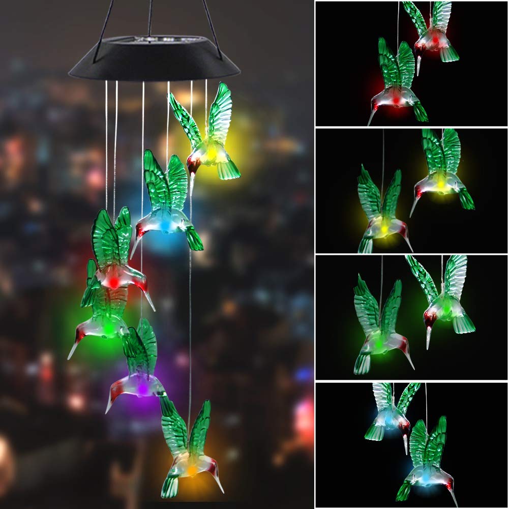 MorTime LED Solar Hummingbird Wind Chime, 25" Mobile Hanging Wind Chime for Home Garden Decoration, Automatic Light Changing Color(Hummingbird)