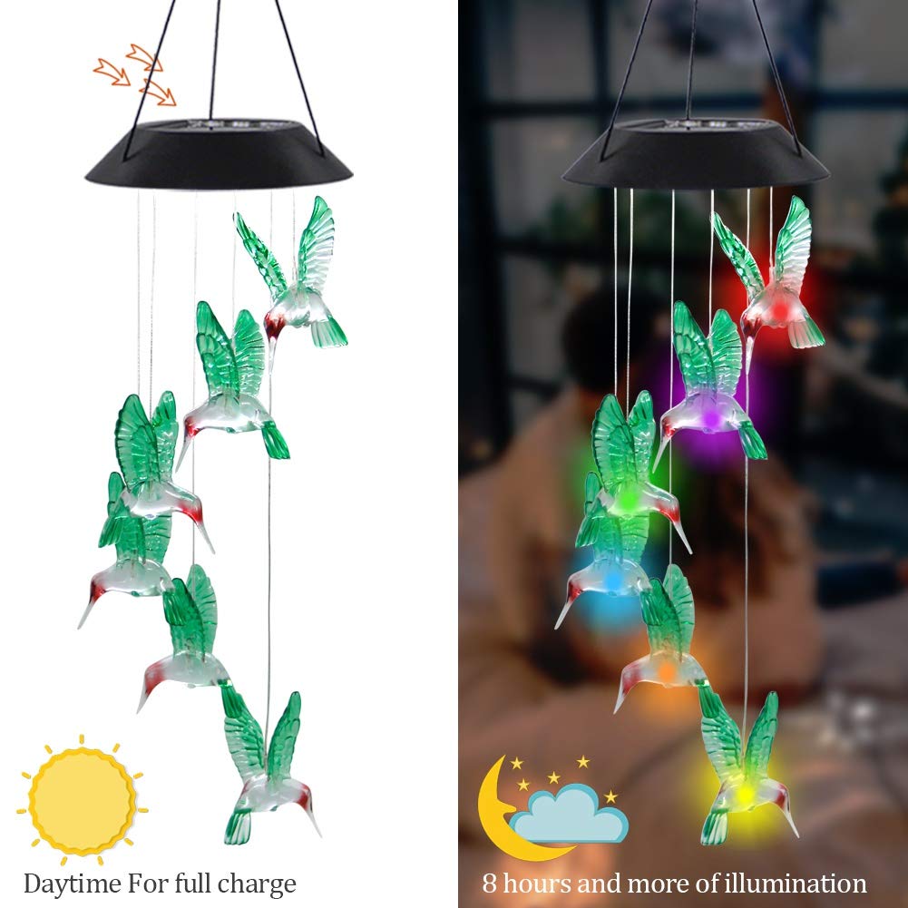 MorTime LED Solar Hummingbird Wind Chime, 25" Mobile Hanging Wind Chime for Home Garden Decoration, Automatic Light Changing Color(Hummingbird)