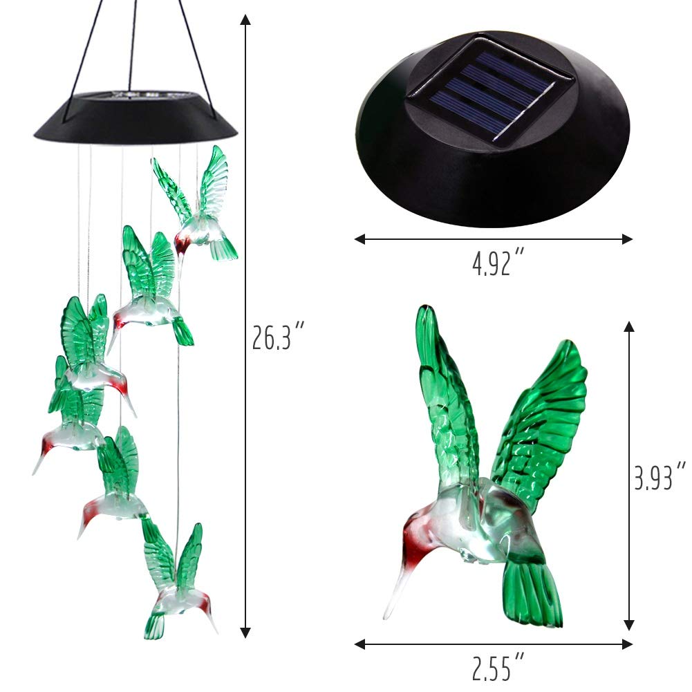 MorTime LED Solar Hummingbird Wind Chime, 25" Mobile Hanging Wind Chime for Home Garden Decoration, Automatic Light Changing Color(Hummingbird)