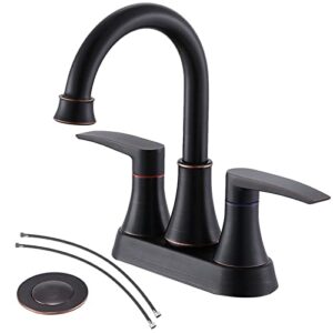 valisy lead-free 2-handle oil rubbed bronze bathroom sink faucet, 360° swivel high-arc spout 4 inch centerset bath lavatory vanity faucets set for bathroom sinks with pop-up drain & water hoses