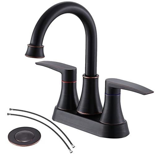 VALISY Lead-Free 2-Handle Oil Rubbed Bronze Bathroom Sink Faucet, 360° Swivel High-Arc Spout 4 Inch Centerset Bath Lavatory Vanity Faucets Set for Bathroom Sinks with Pop-up Drain & Water Hoses