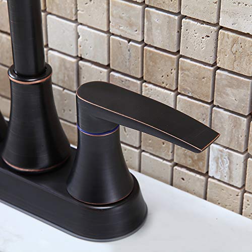 VALISY Lead-Free 2-Handle Oil Rubbed Bronze Bathroom Sink Faucet, 360° Swivel High-Arc Spout 4 Inch Centerset Bath Lavatory Vanity Faucets Set for Bathroom Sinks with Pop-up Drain & Water Hoses