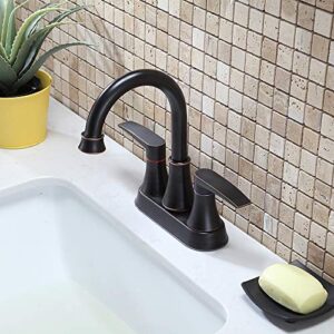 VALISY Lead-Free 2-Handle Oil Rubbed Bronze Bathroom Sink Faucet, 360° Swivel High-Arc Spout 4 Inch Centerset Bath Lavatory Vanity Faucets Set for Bathroom Sinks with Pop-up Drain & Water Hoses