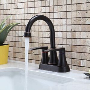 VALISY Lead-Free 2-Handle Oil Rubbed Bronze Bathroom Sink Faucet, 360° Swivel High-Arc Spout 4 Inch Centerset Bath Lavatory Vanity Faucets Set for Bathroom Sinks with Pop-up Drain & Water Hoses