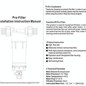 BLUONICS Sediment Water Pre-Filter Reusable Spin Down Filter for Whole House City and Well Water 40 Micron with both 1” + 3/4” NPT adapters included