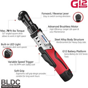 ACDelco Cordless G12 Series BRUSHLESS Li-ion 12V MAX. Ratchet Wrench (1/2) Tool Kit, 2-Pack Lithium-Ion Batteries