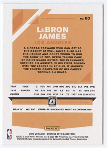 2019-20 Donruss Optic Basketball #60 LeBron James Los Angeles Lakers Official Panini NBA Trading Card