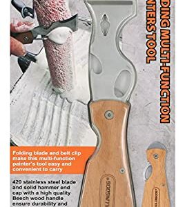 ROLLINGDOG Paint Scraper-Folding Painters Tool 9-in-1 Beech Wooden Handle Includes Paint Roller Cleaner, Nail Puller, Putty Knife Scraper, Hammer End